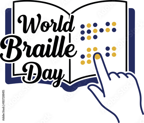 World braille day. vector illustration of a hand reading braille text in an open book, symbolizing literacy, accessibility, and awareness for visually impaired individuals across the globe.