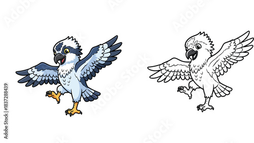 Cute cartoon osprey bird spreading wings. Vector illustration of a happy sea hawk or eagle mascot character isolated on white background.