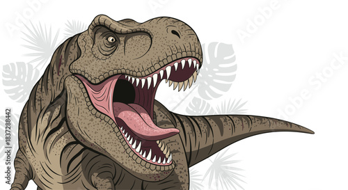 Detailed and realistic illustration of a roaring Tyrannosaurus Rex dinosaur with sharp teeth and tropical leaf silhouettes behind it.