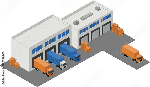 Isometric illustration of modern warehouse distribution center with loading docks, trucks, cargo pallets, storage buildings and logistics transportation operations
