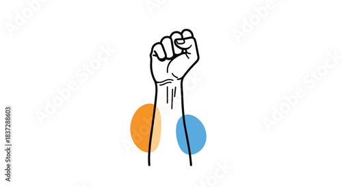 Line art illustration of a raised clenched fist a symbol of protest and revolution with two colorful circles in the background.