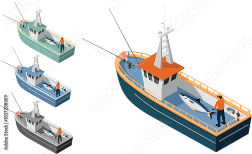 Isometric illustration set of commercial fishing boats with fishermen catching large fish, marine vessels in multiple colors for seafood industry concepts