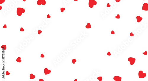 Simple background with small red hearts falling like confetti from the top and bottom against a clean white canvas with copy space.