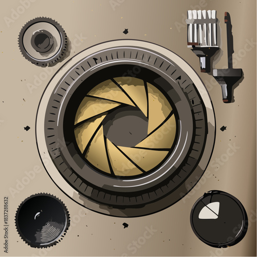 Detailed illustration of a vintage camera's internal mechanics, showcasing intricate aperture blades and control dials from a top-down perspective
