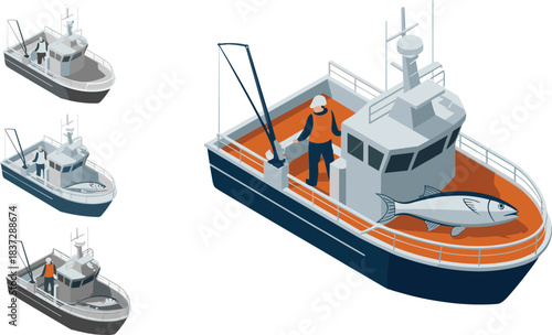 Isometric illustration set of commercial fishing boats with fishermen catching large fish, marine vessels in multiple colors for seafood industry concepts