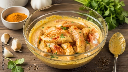 Marinated chicken strips in spiced yogurt with cilantro and turmeric