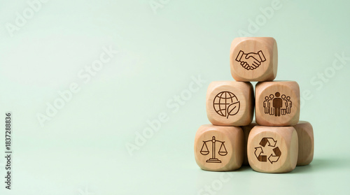 Environmental Social Governance, Wooden Cubes Stacked with ESG Icons, Illustrating Sustainable Business Practices and Values
