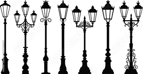 Vintage street lamp silhouettes collection featuring ornate classic lamp posts with decorative lanterns, elegant urban lighting designs for cityscape and architecture