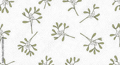 Seamless Christmas pattern with hand-drawn mistletoe branches featuring white berries on a subtle grey polka dot background.