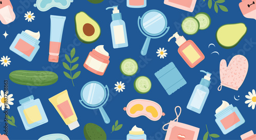 Seamless pattern of colorful skincare and beauty products including creams avocado and cucumber slices on a dark blue background.