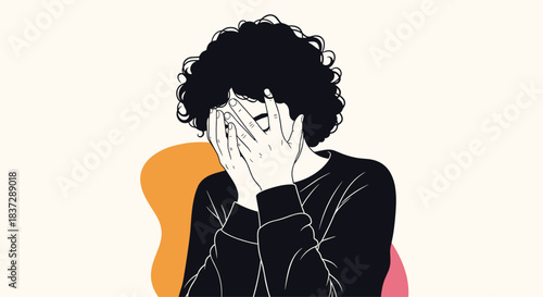 Minimalist illustration of a person with curly hair covering their face with their hands depicting sadness stress or despair.
