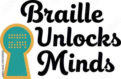 Braille unlocks minds graphic showing a stylized keyhole filled with tactile braille dots, symbolizing literacy, knowledge, and education access for the visually impaired, promoting inclusion and aid.