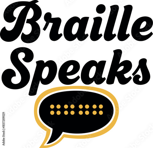 Braille speaks" logo design concept for inclusive communication, accessibility for visually impaired individuals, tactile reading system, assistive technology, disability awareness, and education.