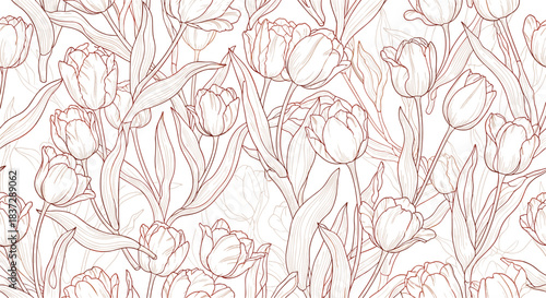 Seamless floral pattern with elegant and finely detailed tulip flowers and leaves drawn in a sophisticated brown line art style.