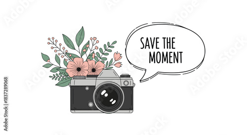 Vintage camera decorated with flowers and a speech bubble with the text 'Save The Moment' for photography-themed designs.