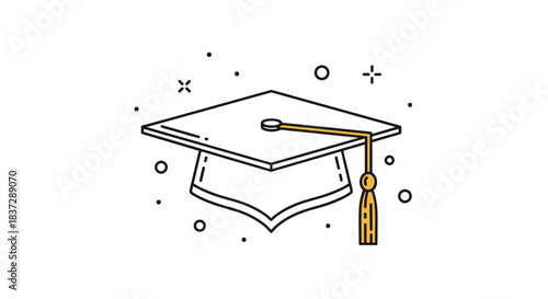 Minimalist line art icon of a graduation cap with a tassel and decorative sparkles symbolizing academic achievement and success.