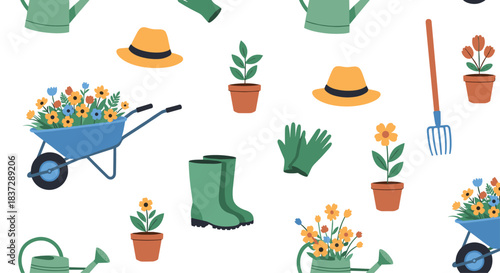 Seamless pattern of colorful spring gardening tools including wheelbarrows watering cans hats and potted plants on a white background.