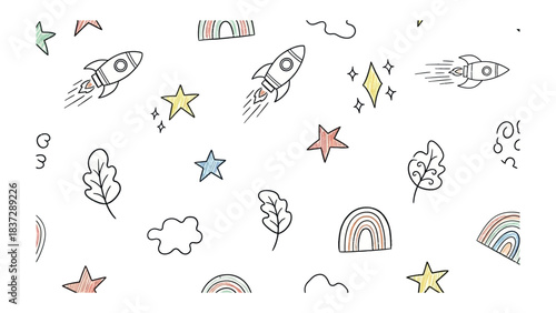 Celestial Doodle Delight: A whimsical illustration of rockets, stars, rainbows, and clouds against a clean background, evoking a sense of wonder and childlike imagination.