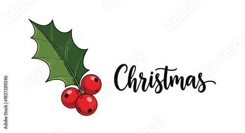 Christmas greeting design with a hand-drawn holly berry illustration next to elegant black cursive 'Christmas' calligraphy text.