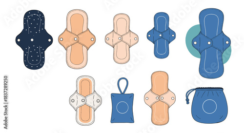 Set of colorful reusable menstrual pads and storage bags illustrating a sustainable and zero waste approach to feminine hygiene.