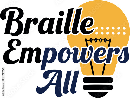 Braille empowers all, a vibrant yellow lightbulb icon with braille dots, symbolizing accessibility, innovative ideas, and inclusive education for visually impaired individuals.