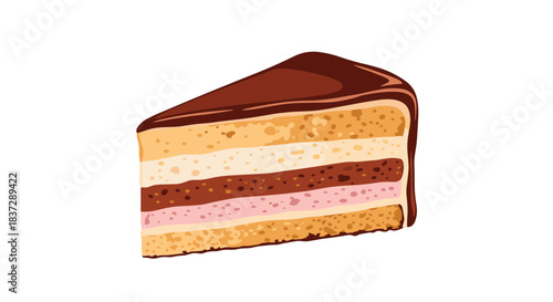 Delicious looking slice of multi-layered cake with chocolate icing and various cream fillings isolated on a white background.