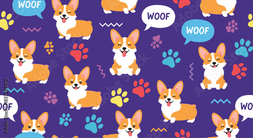 Vibrant and playful seamless pattern of cute cartoon corgi dogs with paw prints and woof speech bubbles on purple background.