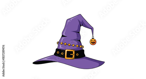 Cartoon purple witch hat with a black belt golden buckle and a dangling jack-o-lantern charm for halloween celebrations.