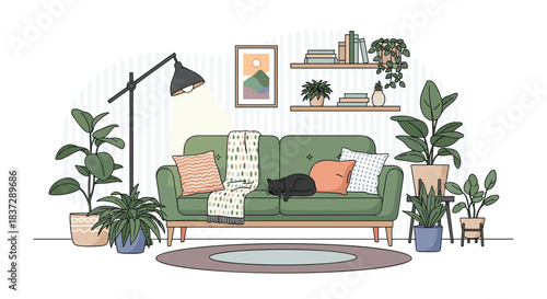 Cozy living room interior illustration with a comfortable green sofa a sleeping black cat and many stylish potted houseplants.