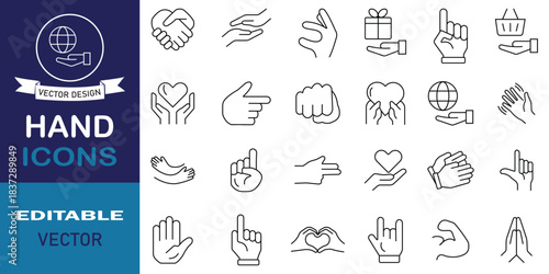 Hand line icons set. Set of 24 outline icons including handshake, fingers, thumb up, ok, support, like, point, touch, pray and more. Vector illustration.
