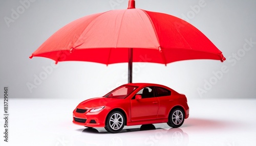 Red Toy Car Under Large Red Umbrella on Wooden Surface with Natural Outdoor Background