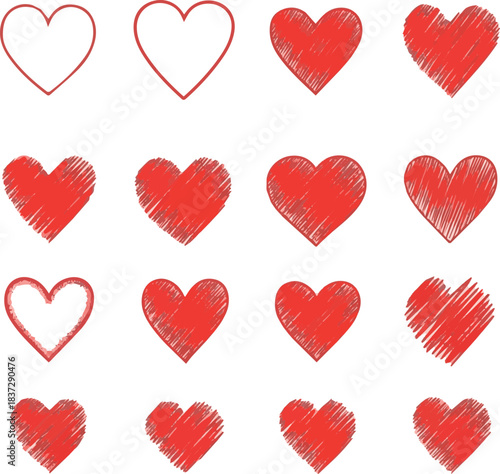 Create kinds of Red heart doodle clipart set. Hearts shape drawing icon in outline, sketch, doodle, vignetting, scribble and stroke clip art collection vector.
