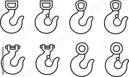 Lifting hook icons set, crane, industrial lifting equipment symbols, heavy duty load , shackle and safety latch variations in solid and outline vector illustration isolated on transparent background