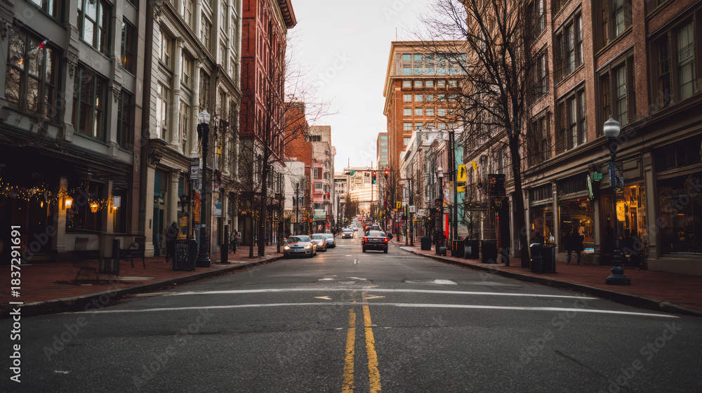Fototapeta premium A city street view with vintage brick buildings lining the sides of the road leading towards the horizon on a cloudy day showcasing urban architecture.