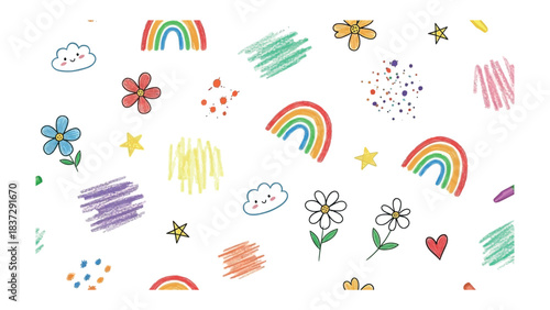 Colorful Rainbow Sketch: A whimsical and cheerful illustration of rainbows, flowers, stars, and abstract strokes create a playful and joyful composition.