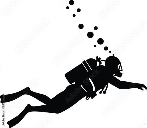 Scuba Diver Silhouette Underwater Swimming with Air Bubbles