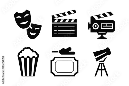 Collection of black and white cinema and theater icons