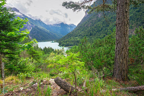 Φωτογραφία Tranquil view of Lake Predil surrounded by majestic mountains of the Julian Alps