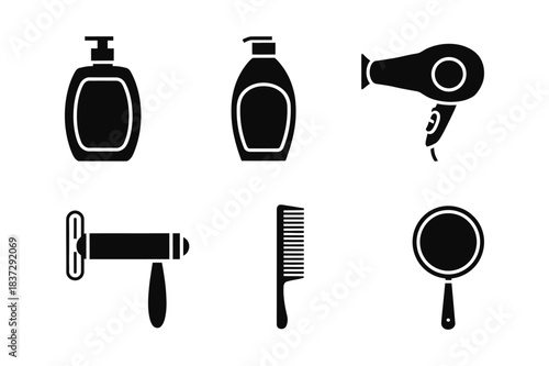 Collection of six black and white icons representing hair care and beauty products