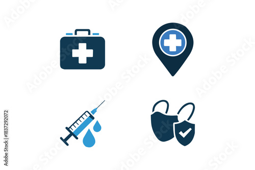 Medical Icons Set: First Aid Kit, Vaccine Syringe, Health Location, Protective Masks – Healthcare Design. Resizable and editable, EPS 10.