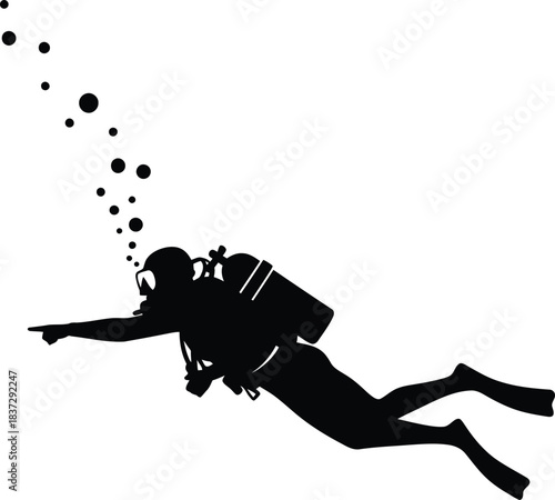 Scuba Diver Silhouette Underwater Swimming and Pointing