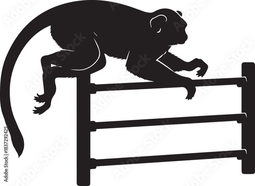 Silhouette of a monkey climbing over a wooden fence