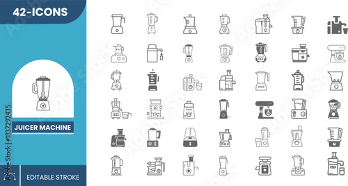 Editable icon set Juicer Machine offering smooth vector icons ideal for kitchenware graphics, food content, juice bars, appliance branding, and app design use.