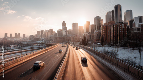 A panoramic vista of a modern city skyline is viewed from a highway, with vehicles traveling towards downtown du the radiant glow of a winter sunset.