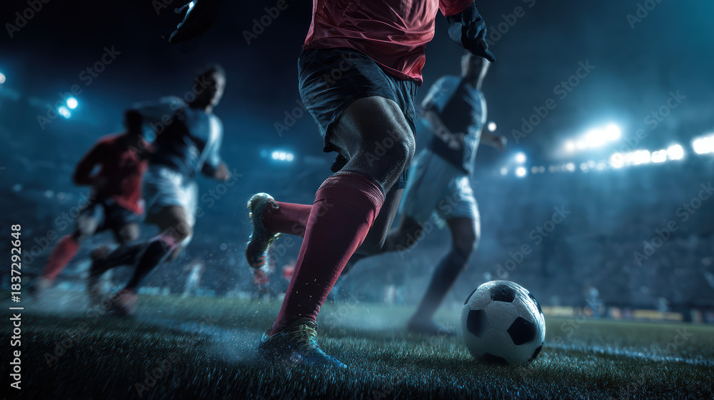 Fototapeta premium The soccer players in red and blue are kicking the ball on the green field in the spotlight as they play in a competitive football match under stadium lights.