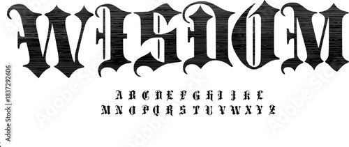 Wisdom Striped Blackletter Font – Vintage Gothic Alphabet Typeface with Engraved Line Texture for Retro Posters, Tattoo Branding & Classic Display Design
