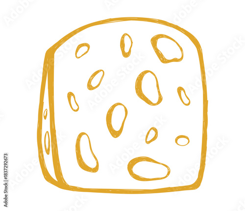 Hand drawn italian food in doodle style. Cheese pieces in quirky crayon style. Italy ingredient, cheese chunk, mediterranean dinner element for pasta, pizza, menu. Minimal doodle sketch. Vector illust