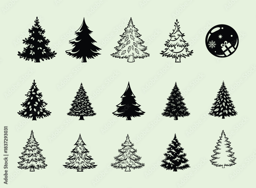 Obraz premium Vintage Pine Tree Silhouette Collection with Circular Forest Icon Vector Illustration