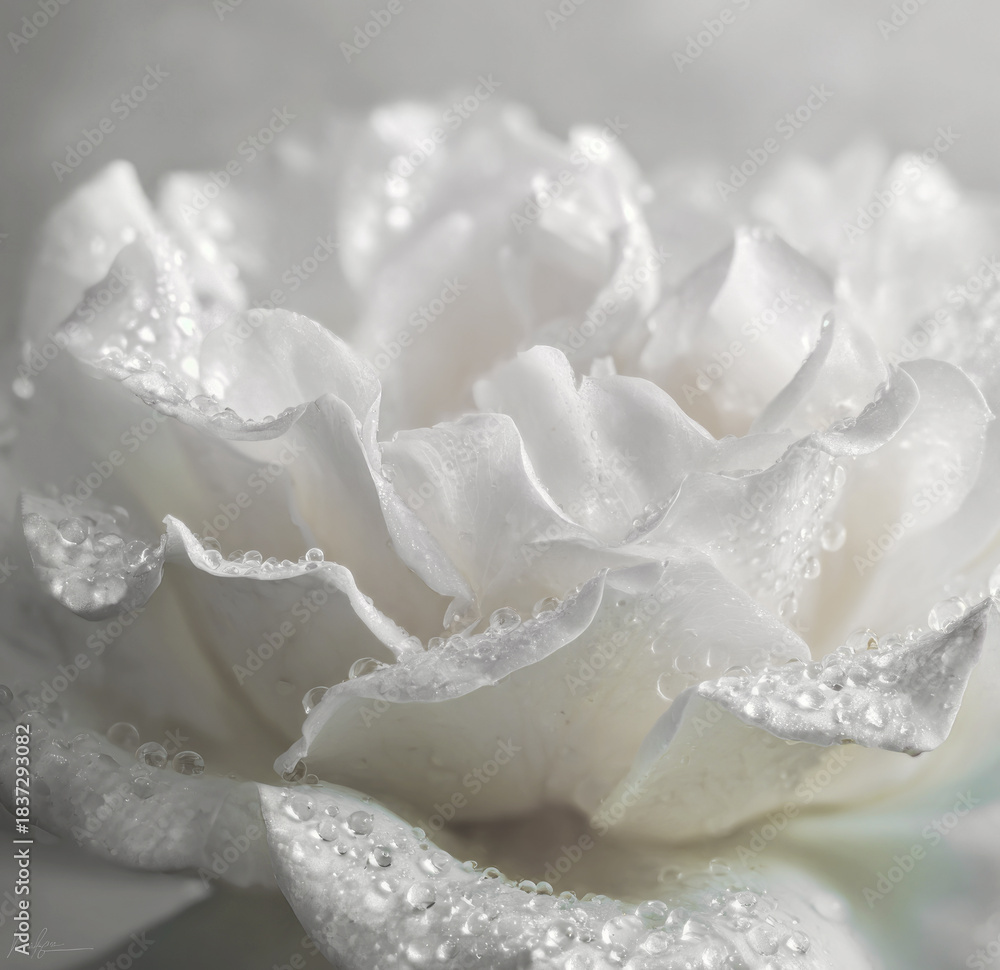 Fototapeta premium Elegant White Rose with Dew Drops Close-Up.