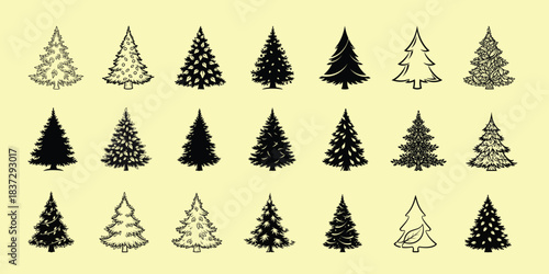 Collection of hand drawn pine tree silhouettes in varying shapes and sizes